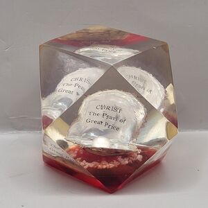 Lucite Paperweight Oyster Shell with Pearl  “Christ The Pearl of Great Price”